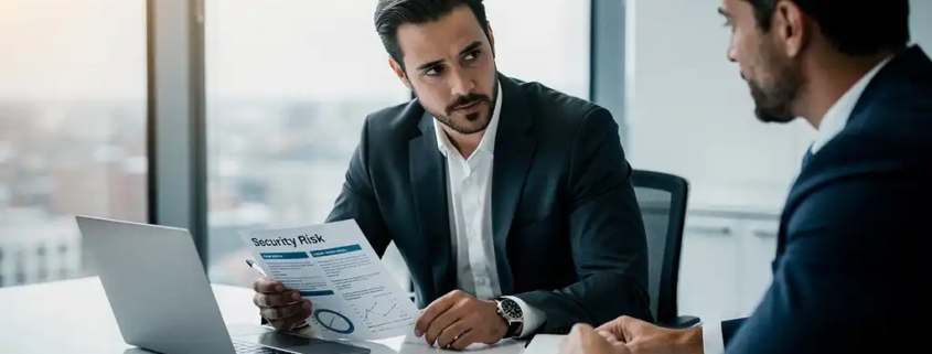 Directeur in maatpak bespreekt beveiligingsrisicorapport met IT-professional aan moderne vergadertafel in licht kantoor.