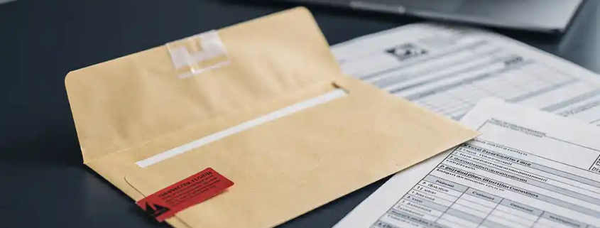 Opengevallen manillaenvelop met rode waarschuwingstag op modern bureau, omringd door officiële documenten en gedeeltelijk zichtbare laptop.