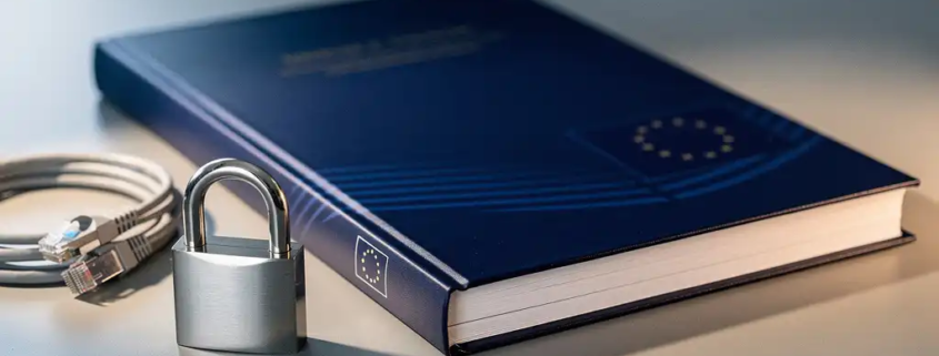 Dik EU-juridisch document op modern bureau naast een hangslot en netwerkkabel, symboliseert digitale regelgeving en cybersecurity.