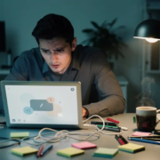 Gefrustreerde kantoormedewerker staart naar een laptopscherm met terugkerende fout, omringd door plakbriefjes en rommelig bureau.