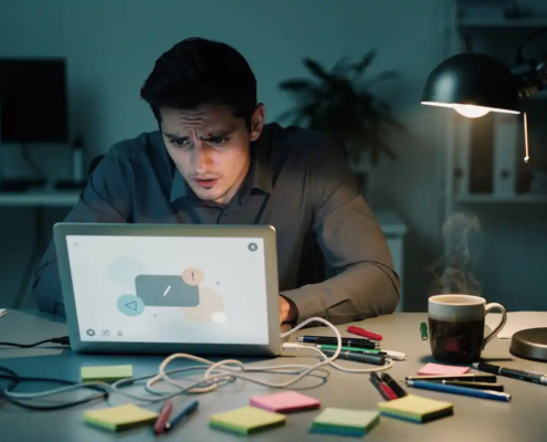 Gefrustreerde kantoormedewerker staart naar een laptopscherm met terugkerende fout, omringd door plakbriefjes en rommelig bureau.