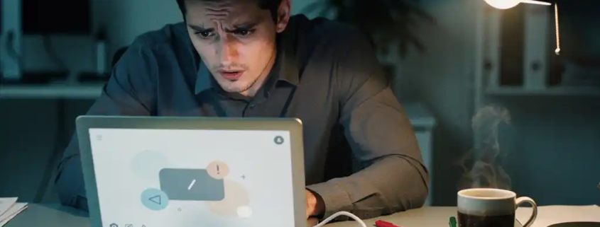 Gefrustreerde kantoormedewerker staart naar een laptopscherm met terugkerende fout, omringd door plakbriefjes en rommelig bureau.