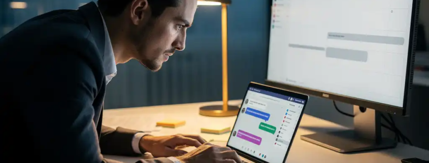Professional leant over laptop met ongelezen Teams-meldingen, bureau met sticky notes en documenten, tweede monitor toont teamkalender.