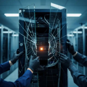 Gehandschoende handen die een beschadigd serverrek herstellen in een modern datacenter met blauw en amber licht.