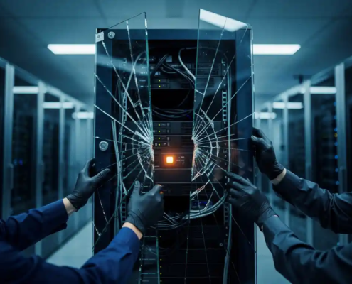 Gehandschoende handen die een beschadigd serverrek herstellen in een modern datacenter met blauw en amber licht.