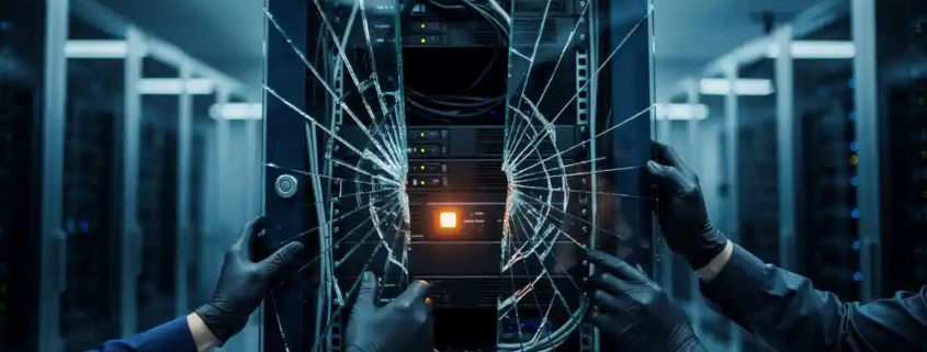 Gehandschoende handen die een beschadigd serverrek herstellen in een modern datacenter met blauw en amber licht.