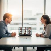 Twee professionals in lichte vergaderruimte tijdens hybride videovergadering, laptop op moderne tafel met remote collega's in beeld.