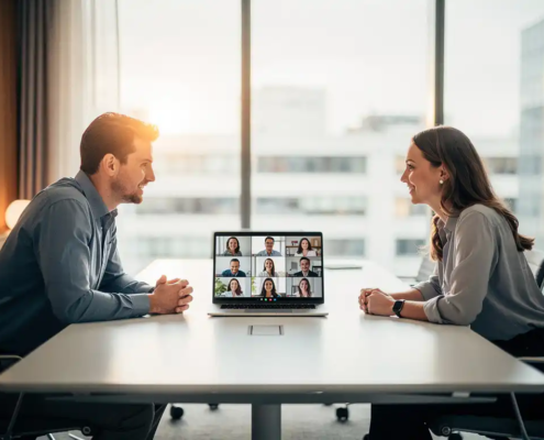 Twee professionals in lichte vergaderruimte tijdens hybride videovergadering, laptop op moderne tafel met remote collega's in beeld.