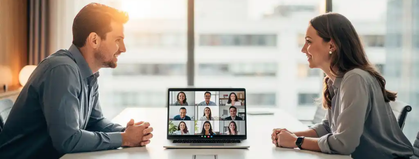 Twee professionals in lichte vergaderruimte tijdens hybride videovergadering, laptop op moderne tafel met remote collega's in beeld.