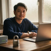 Zelfstandige winkeleigenaar aan houten bureau met laptop, router en hangslot, warm noordelijk licht door berijpt raam.