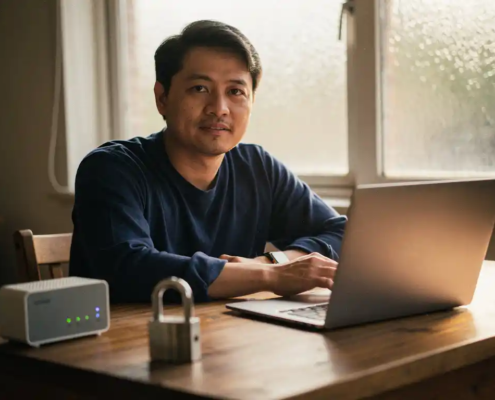 Zelfstandige winkeleigenaar aan houten bureau met laptop, router en hangslot, warm noordelijk licht door berijpt raam.