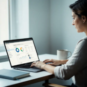 microsoft-dashboard-zzp-laptop-thuiswerken.jpg Ondernemer beheert Microsoft 365 dashboard op laptop aan opgeruimd bureau met notitieboek en koffiemok, zacht noordelijk licht.