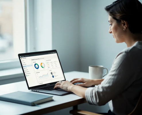 Ondernemer beheert Microsoft 365 dashboard op laptop aan opgeruimd bureau met notitieboek en koffiemok, zacht noordelijk licht.