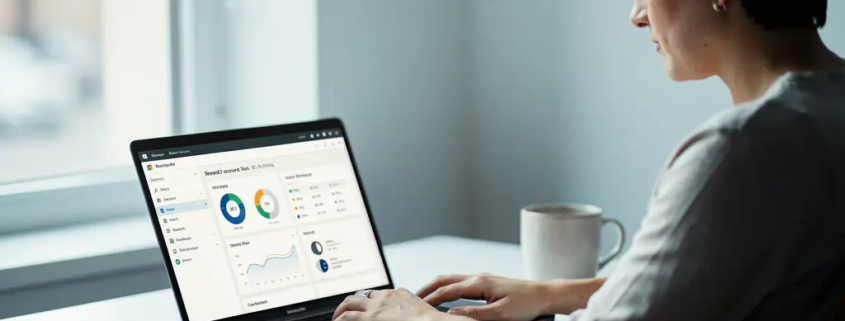 Ondernemer beheert Microsoft 365 dashboard op laptop aan opgeruimd bureau met notitieboek en koffiemok, zacht noordelijk licht.