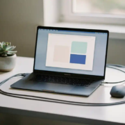 Moderne laptop op een opgeruimd bureau met draadloze muis, kabels en een succulent in zacht daglicht.