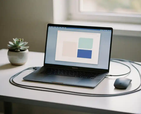 Moderne laptop op een opgeruimd bureau met draadloze muis, kabels en een succulent in zacht daglicht.