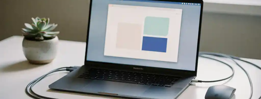 Moderne laptop op een opgeruimd bureau met draadloze muis, kabels en een succulent in zacht daglicht.