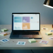Laptop met Microsoft 365-dashboard op een Scandinavisch bureau, omringd door ongebruikte sticky notes en papieren app-iconen in blauw- en grijstinten.