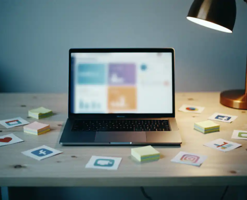 Laptop met Microsoft 365-dashboard op een Scandinavisch bureau, omringd door ongebruikte sticky notes en papieren app-iconen in blauw- en grijstinten.