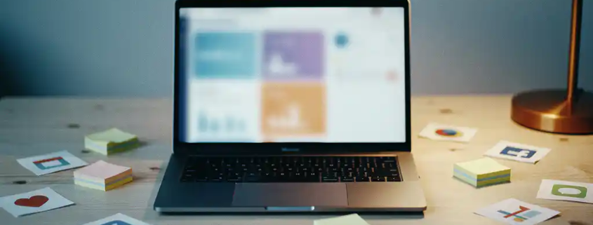 Laptop met Microsoft 365-dashboard op een Scandinavisch bureau, omringd door ongebruikte sticky notes en papieren app-iconen in blauw- en grijstinten.
