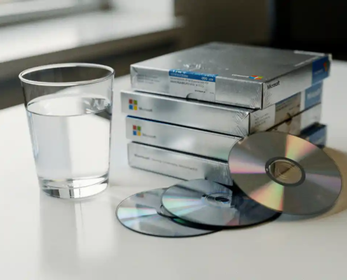 Halfvol glas water naast gestapelde, ongeopende Microsoft-softwaredozen op wit bureau, met cd's die uit een doos vallen.