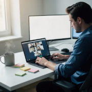 Professional aan modern bureau gebruikt Microsoft Teams op laptop, met tweede monitor, koffie en sticky notes in natuurlijk daglicht.