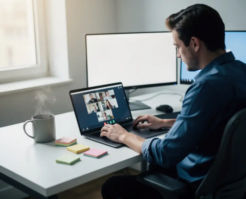Professional aan modern bureau gebruikt Microsoft Teams op laptop, met tweede monitor, koffie en sticky notes in natuurlijk daglicht.