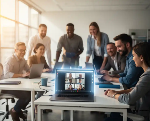 Diverse medewerkers verzamelen zich rond een laptop met Microsoft Teams in een licht modern kantoor met grote ramen.