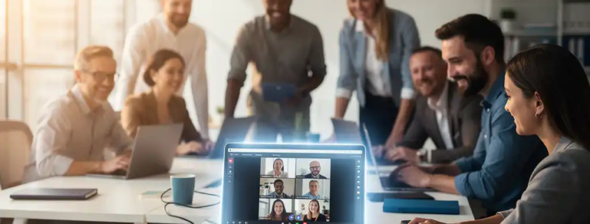 Diverse medewerkers verzamelen zich rond een laptop met Microsoft Teams in een licht modern kantoor met grote ramen.