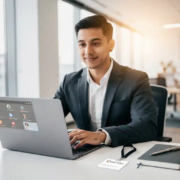 Nieuwe medewerker opent laptop met Microsoft Teams op modern bureau, bedrijfsbadge en notitieboek ernaast, licht kantoor met grote ramen.