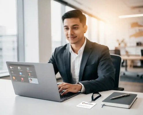 Nieuwe medewerker opent laptop met Microsoft Teams op modern bureau, bedrijfsbadge en notitieboek ernaast, licht kantoor met grote ramen.