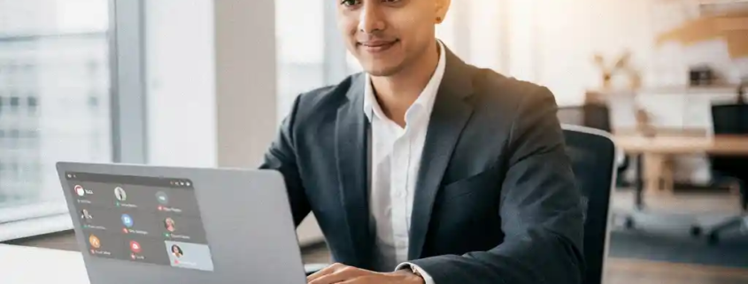 Nieuwe medewerker opent laptop met Microsoft Teams op modern bureau, bedrijfsbadge en notitieboek ernaast, licht kantoor met grote ramen.