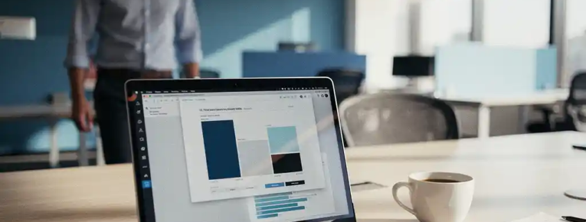 Onbeheerde laptop met gevoelige documenten op scherm in modern kantoor, koffiekopje op bureau, natuurlijk raamlicht.