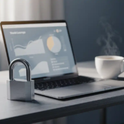 Ondernemer bureau met open laptop, hangslot en dampende koffie in koel blauw-wit interieur met zijdelings natuurlijk licht.