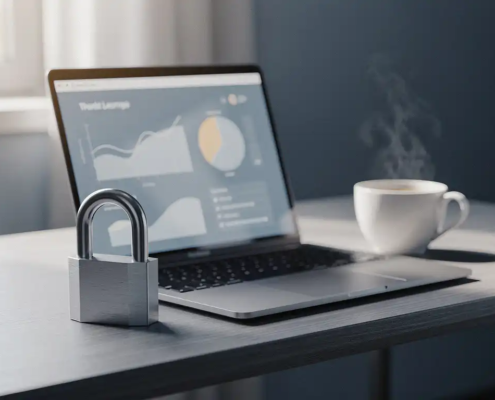 Ondernemer bureau met open laptop, hangslot en dampende koffie in koel blauw-wit interieur met zijdelings natuurlijk licht.