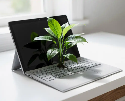 Weelderige groene plant met vertakte stengels groeiend uit een open laptoptoetsenbord op een wit modern bureau in natuurlijk daglicht.