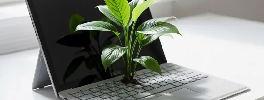 Weelderige groene plant met vertakte stengels groeiend uit een open laptoptoetsenbord op een wit modern bureau in natuurlijk daglicht.