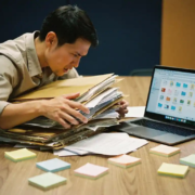 wanordelijke-documenten-kantoor-werknemer-frustratie.jpg Gefrustreerde kantoormedewerker zoekt door stapel manila mappen en losse papieren op bureau met open laptop en plakbriefjes.
