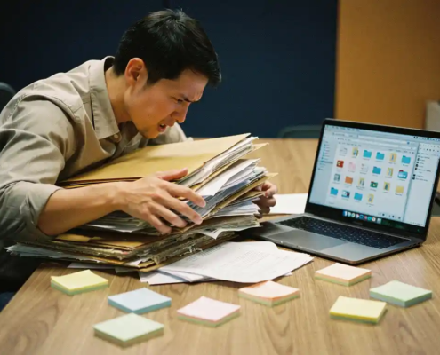 Gefrustreerde kantoormedewerker zoekt door stapel manila mappen en losse papieren op bureau met open laptop en plakbriefjes.
