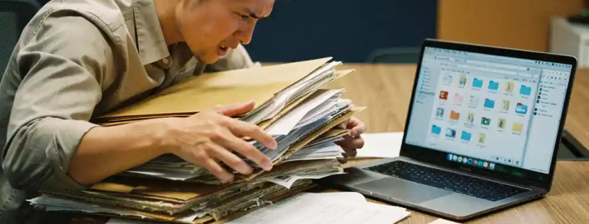 Gefrustreerde kantoormedewerker zoekt door stapel manila mappen en losse papieren op bureau met open laptop en plakbriefjes.