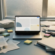 Bureau vol verouderde papieren en mappen naast een laptop met een overzichtelijke digitale werkruimte, verlicht door noordelijk daglicht.
