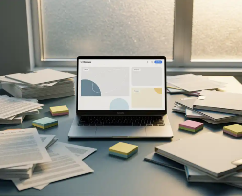 Bureau vol verouderde papieren en mappen naast een laptop met een overzichtelijke digitale werkruimte, verlicht door noordelijk daglicht.