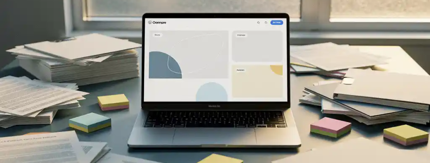 Bureau vol verouderde papieren en mappen naast een laptop met een overzichtelijke digitale werkruimte, verlicht door noordelijk daglicht.