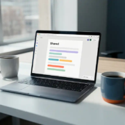 Laptop op modern bureau toont gedeeld document met gekleurde cursors, drie koffiebekers en natuurlijk noorderlicht op de achtergrond.