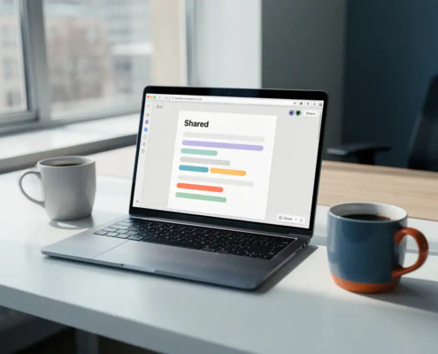 Laptop op modern bureau toont gedeeld document met gekleurde cursors, drie koffiebekers en natuurlijk noorderlicht op de achtergrond.