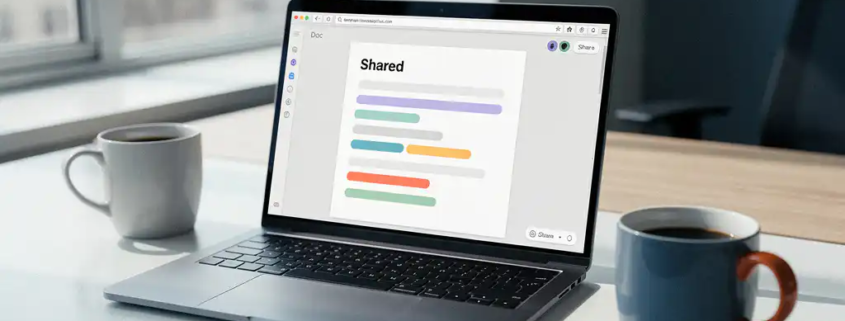 Laptop op modern bureau toont gedeeld document met gekleurde cursors, drie koffiebekers en natuurlijk noorderlicht op de achtergrond.