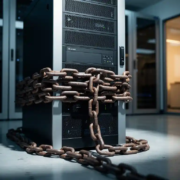 Zware ijzeren ketting om een moderne serverrack gewikkeld in een zakelijke IT-ruimte met betonnen vloer en staalblauwe verlichting.