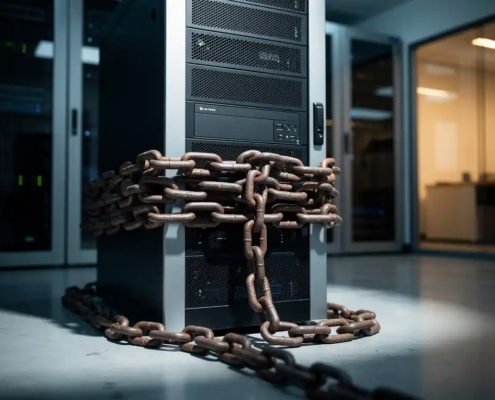 Zware ijzeren ketting om een moderne serverrack gewikkeld in een zakelijke IT-ruimte met betonnen vloer en staalblauwe verlichting.