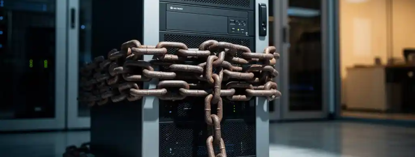 Zware ijzeren ketting om een moderne serverrack gewikkeld in een zakelijke IT-ruimte met betonnen vloer en staalblauwe verlichting.