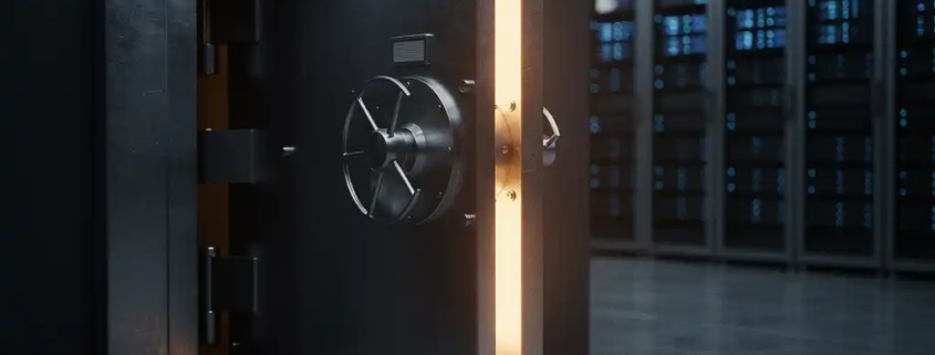 Zware stalen kluisdeur op een kier in een moderne serverruimte, met warm amberkleurig licht en knipperende blauwe netwerkapparatuur op de achtergrond.